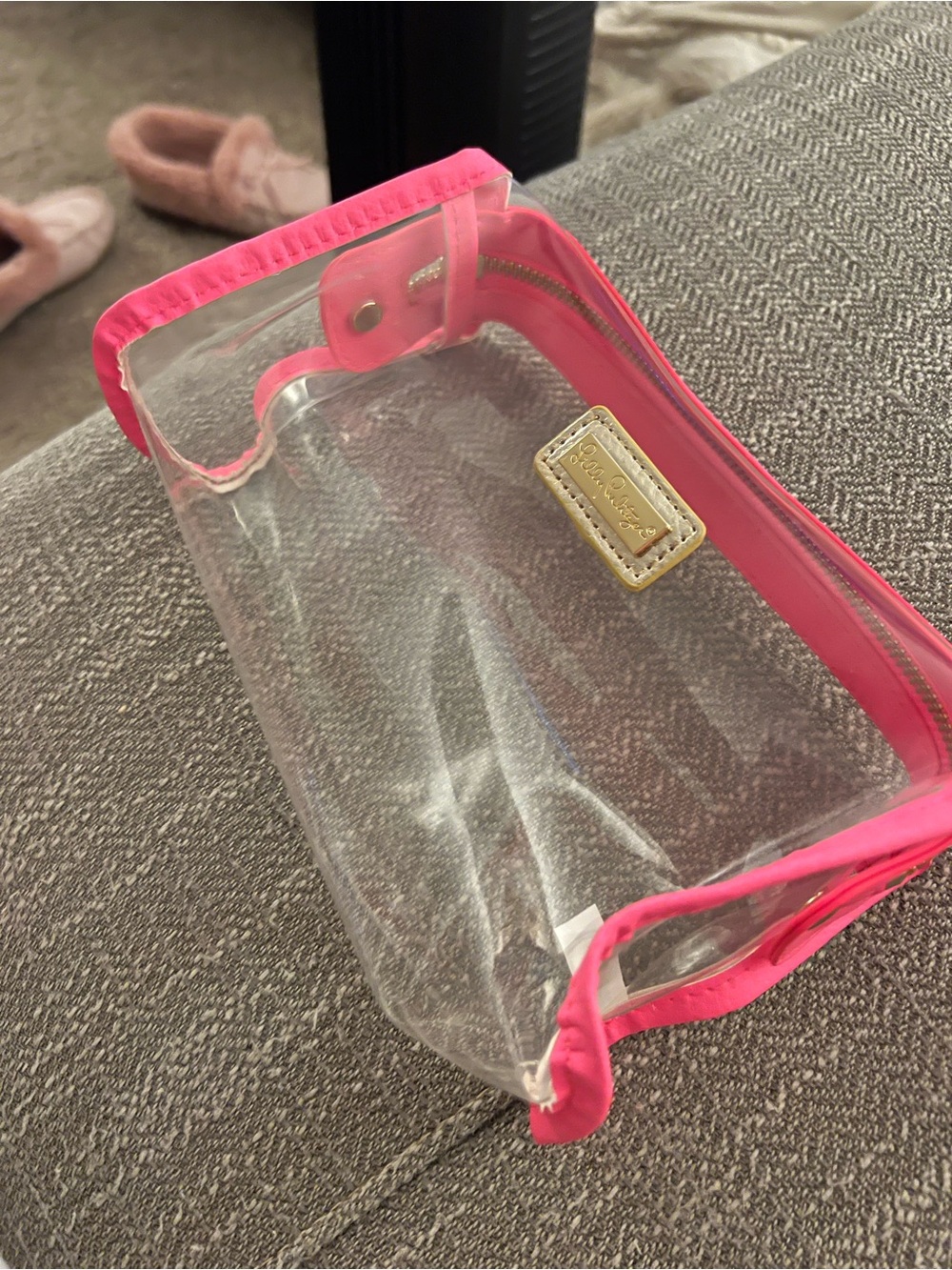Lilly Pulitzer Clear Cosmetic Case with Hot Pink Trim and Gold Nameplate